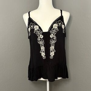 Love On A Hanger Floral Boho Chic Embroidered Peplum Cami Tank‎ Black Large